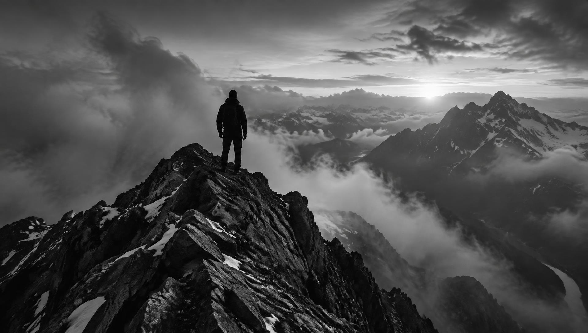 Climber standing on a mountain summit at dawn